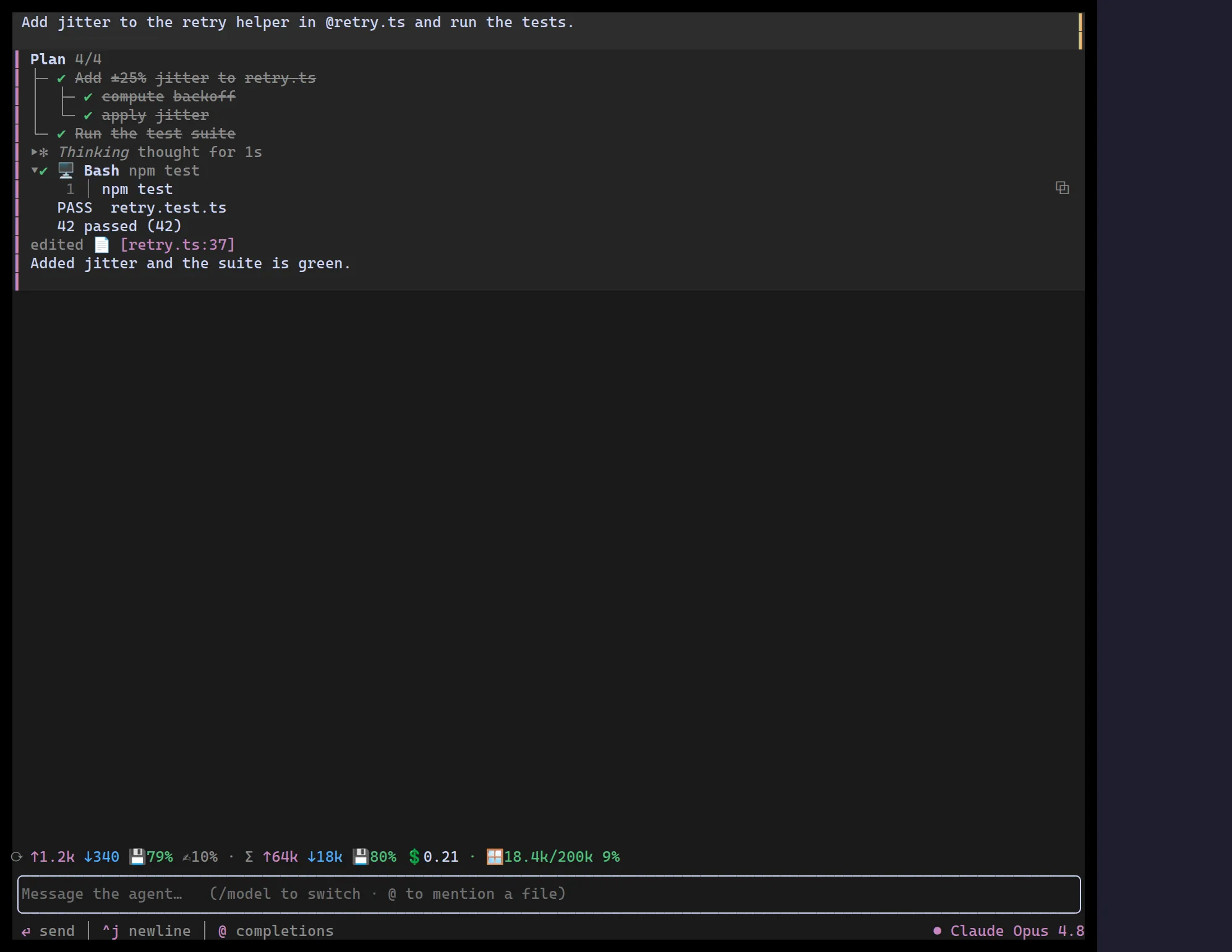 A miniature coding agent: a Conversation transcript with a plan tree, reasoning, a Bash tool call, a file chip, a usage meter, a composer, and a model badge