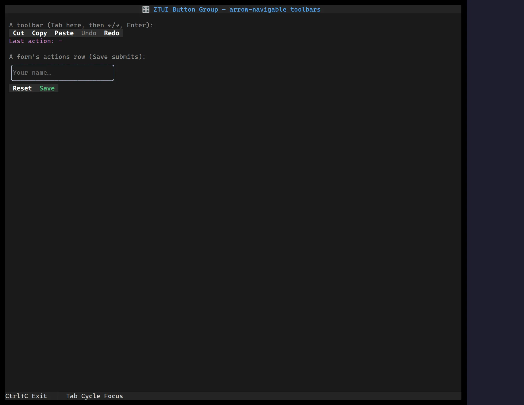 A ztui ButtonGroup toolbar (Cut/Copy/Paste/Undo/Redo) and a form actions row (Reset/Save)