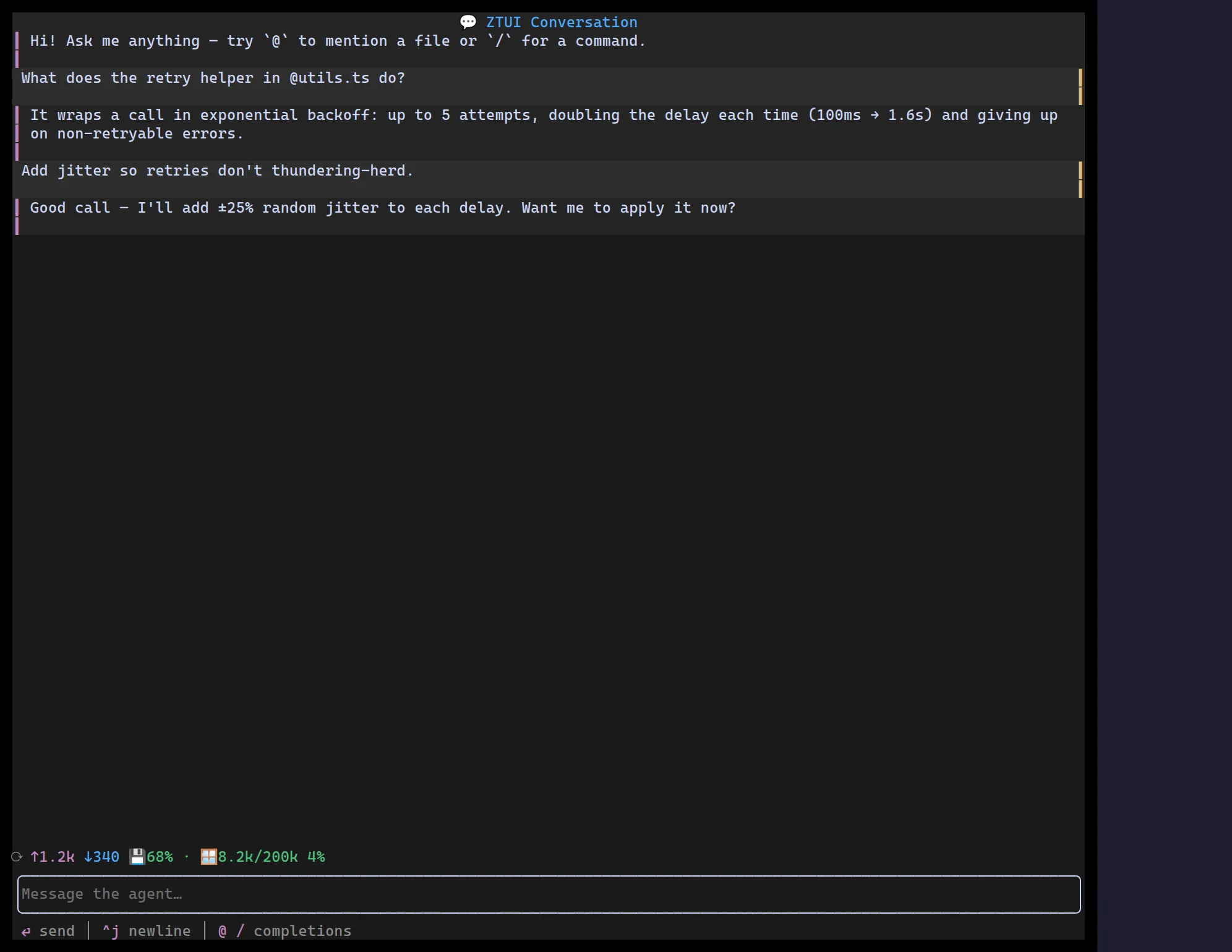 A ztui Conversation: role-accented chat bubbles above a docked composer and a usage footer