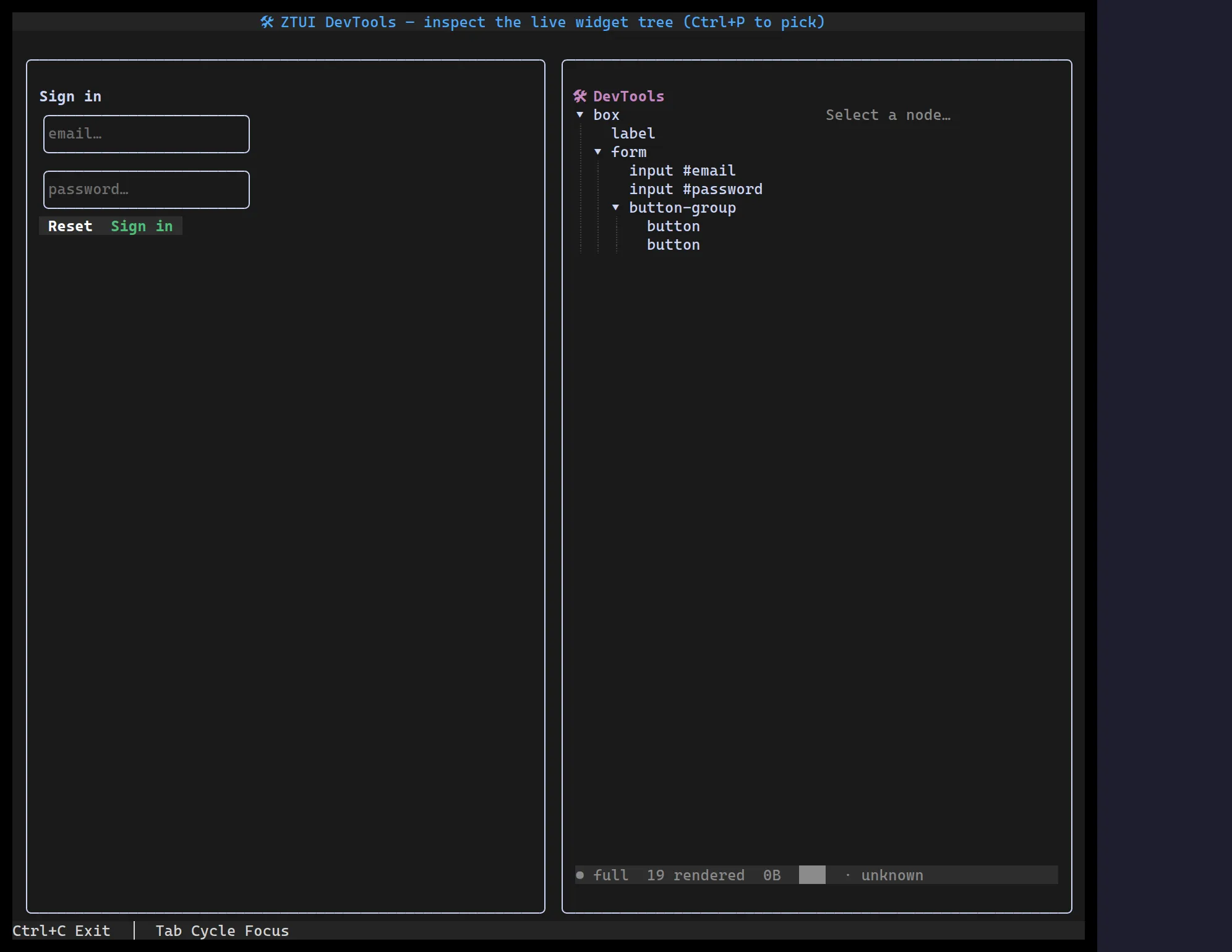 ztui DevTools: a sample sign-in form on the left, the inspector's widget tree and profiler on the right