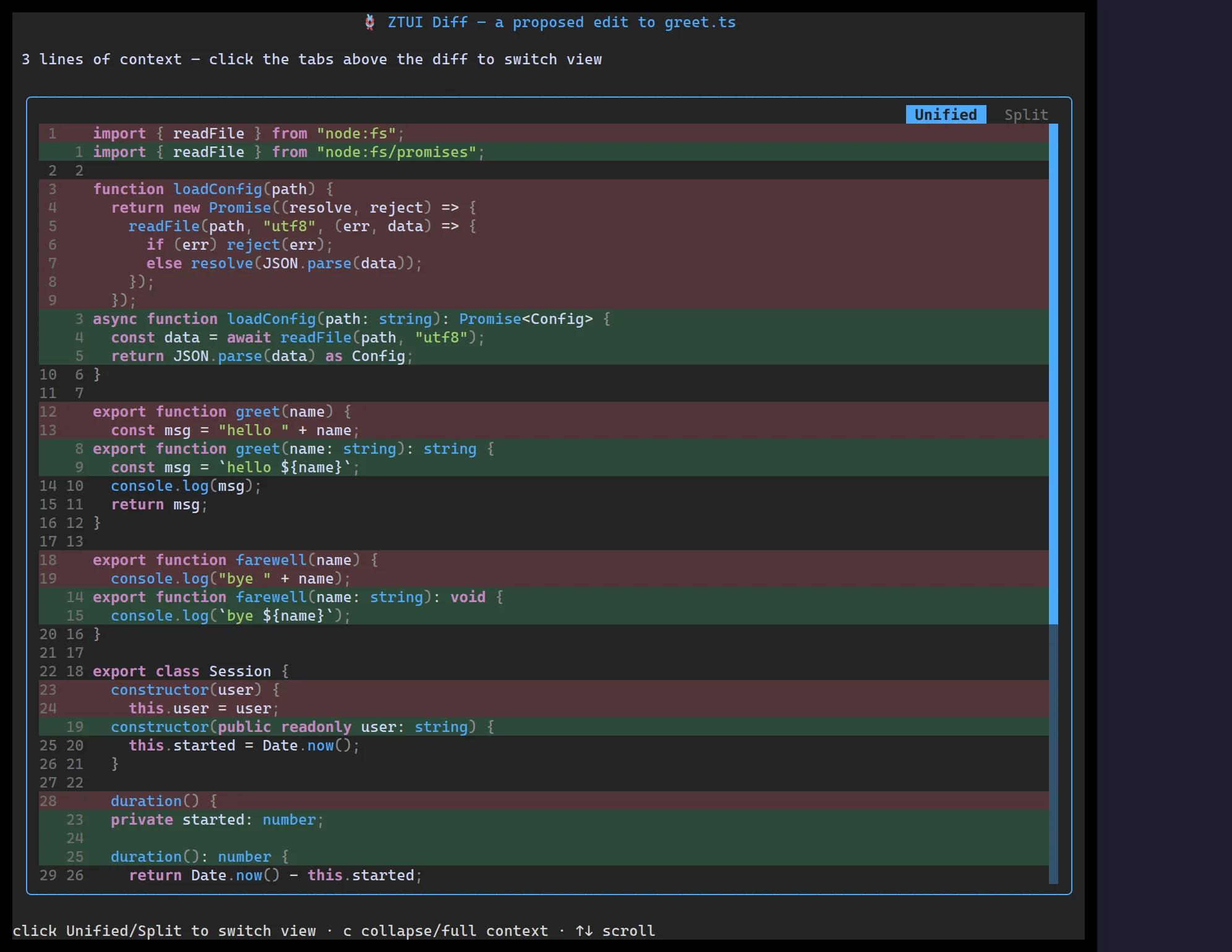 A ztui Diff showing added and removed lines in unified view