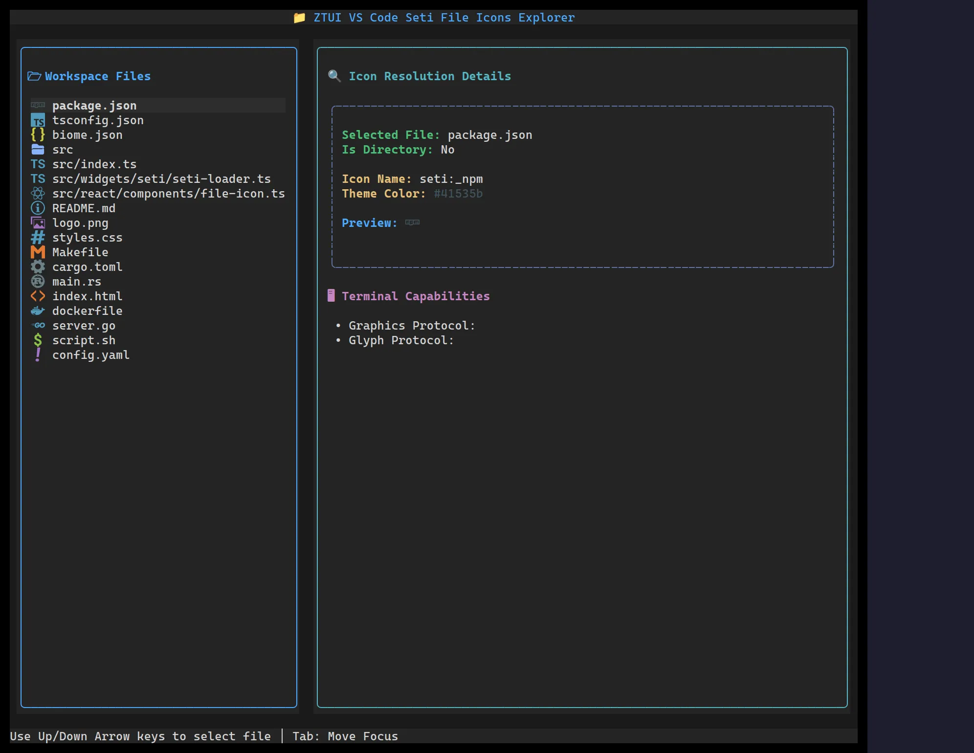 ztui File Icons showing Seti glyphs for package.json, TypeScript, React, Docker, Go, Rust and more