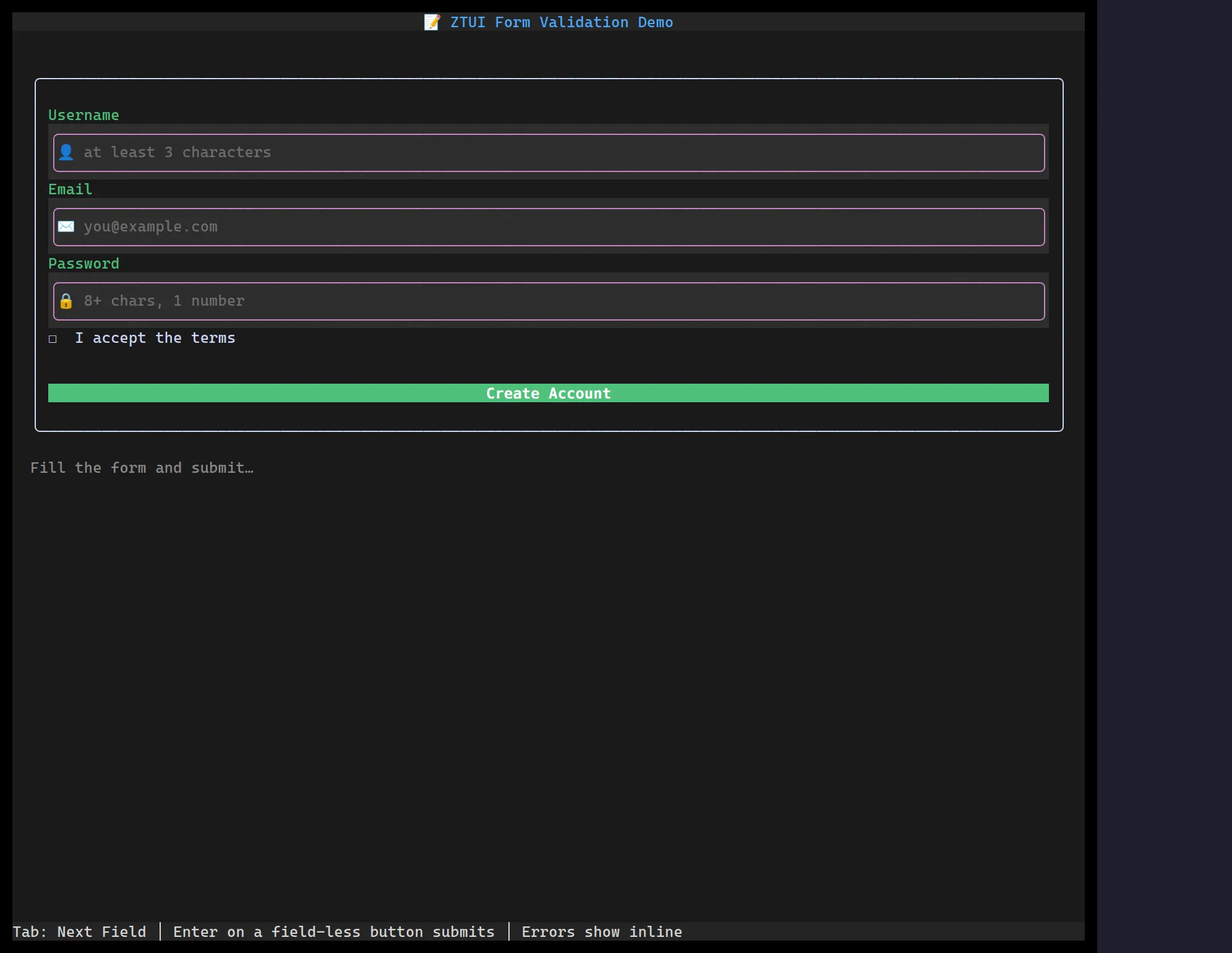 A ztui Form with labelled inputs and inline validation messages