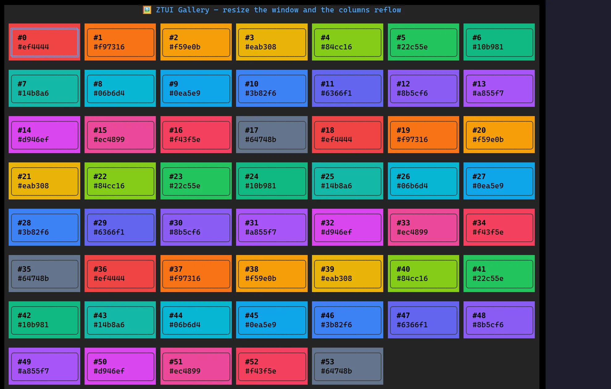 A ztui Gallery View: a responsive grid of colour swatches with one cell selected