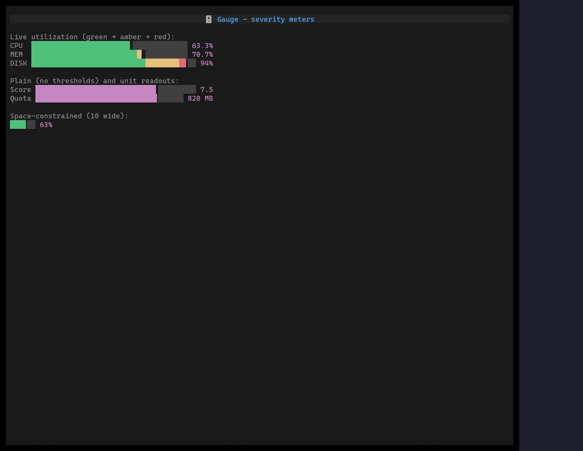 A ztui Gauge showing CPU/memory/disk meters coloured green, amber and red