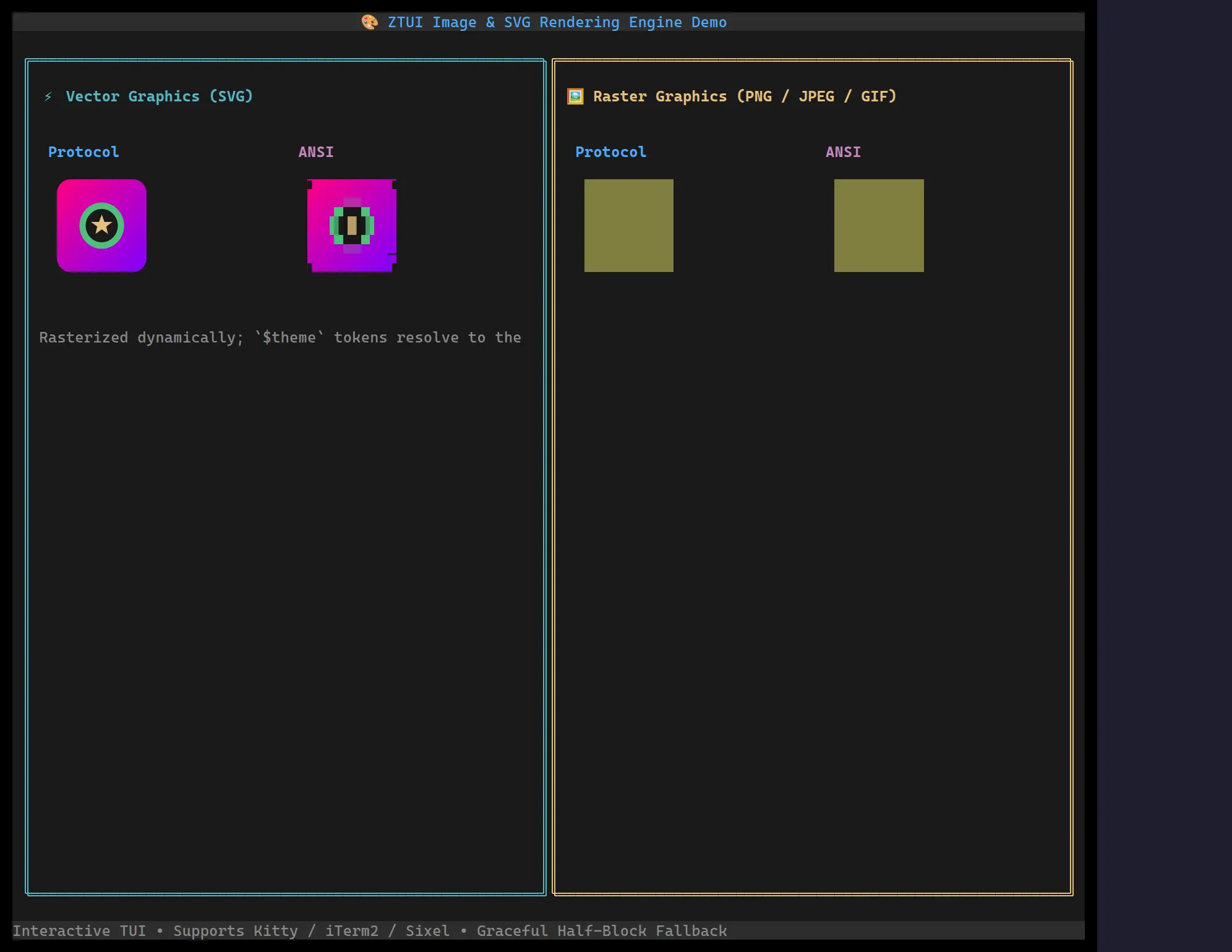 A ztui Image widget showing SVG and raster images in both graphics-protocol and ANSI modes