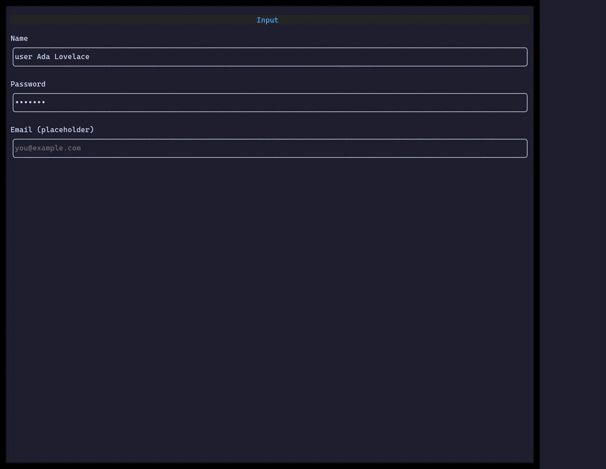 ztui inputs: a name field with a user icon, a password field, and an email placeholder