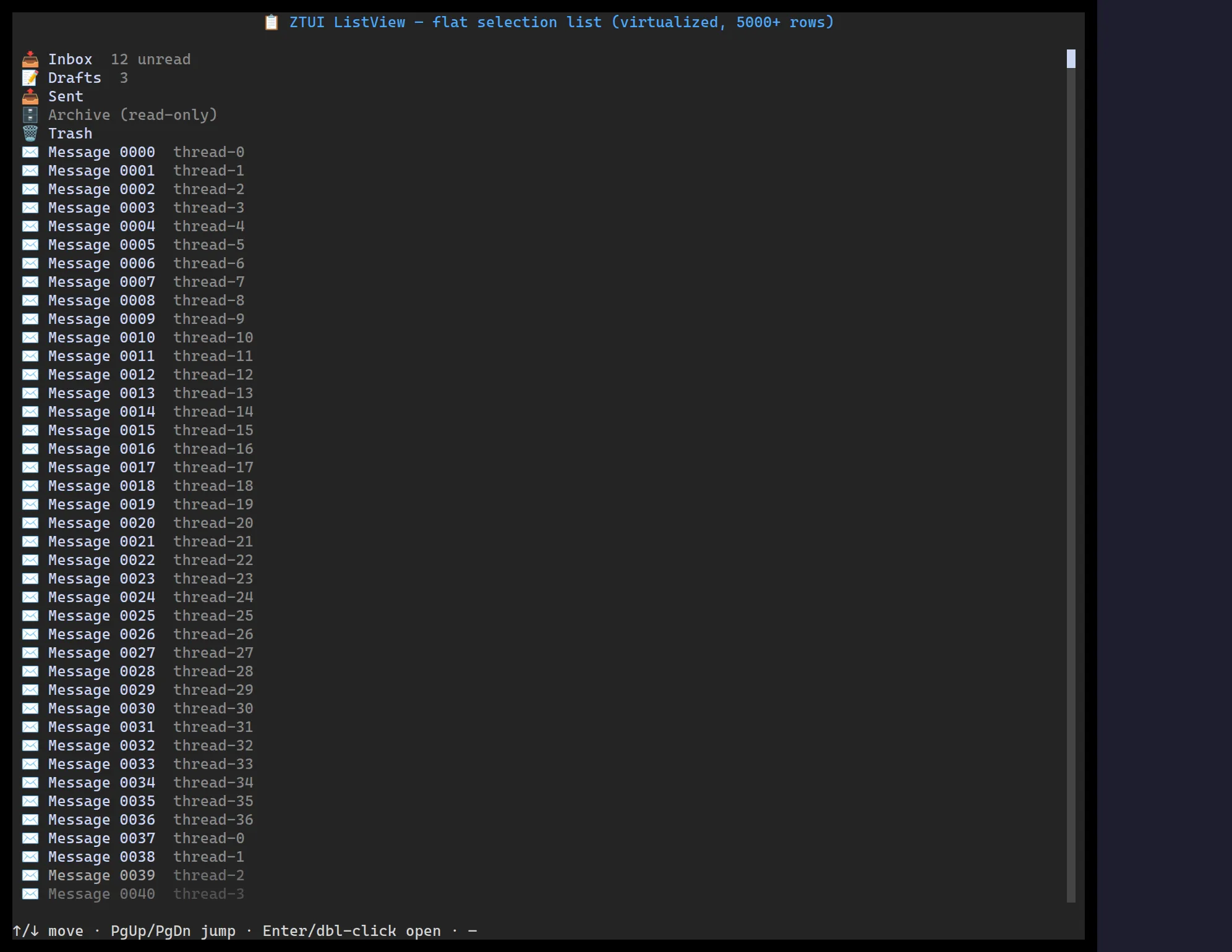 A ztui List View with a highlighted selected row
