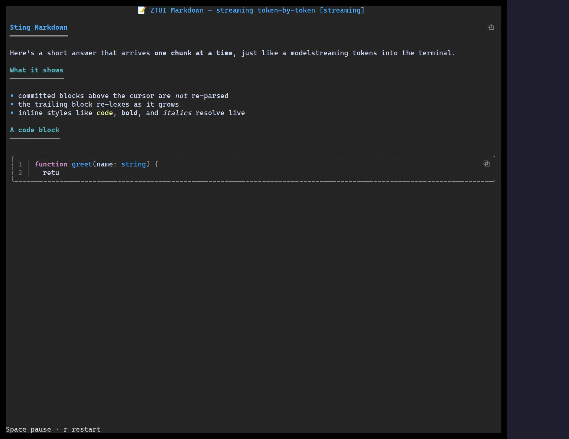A ztui Markdown widget rendering headings, lists, and a highlighted code block