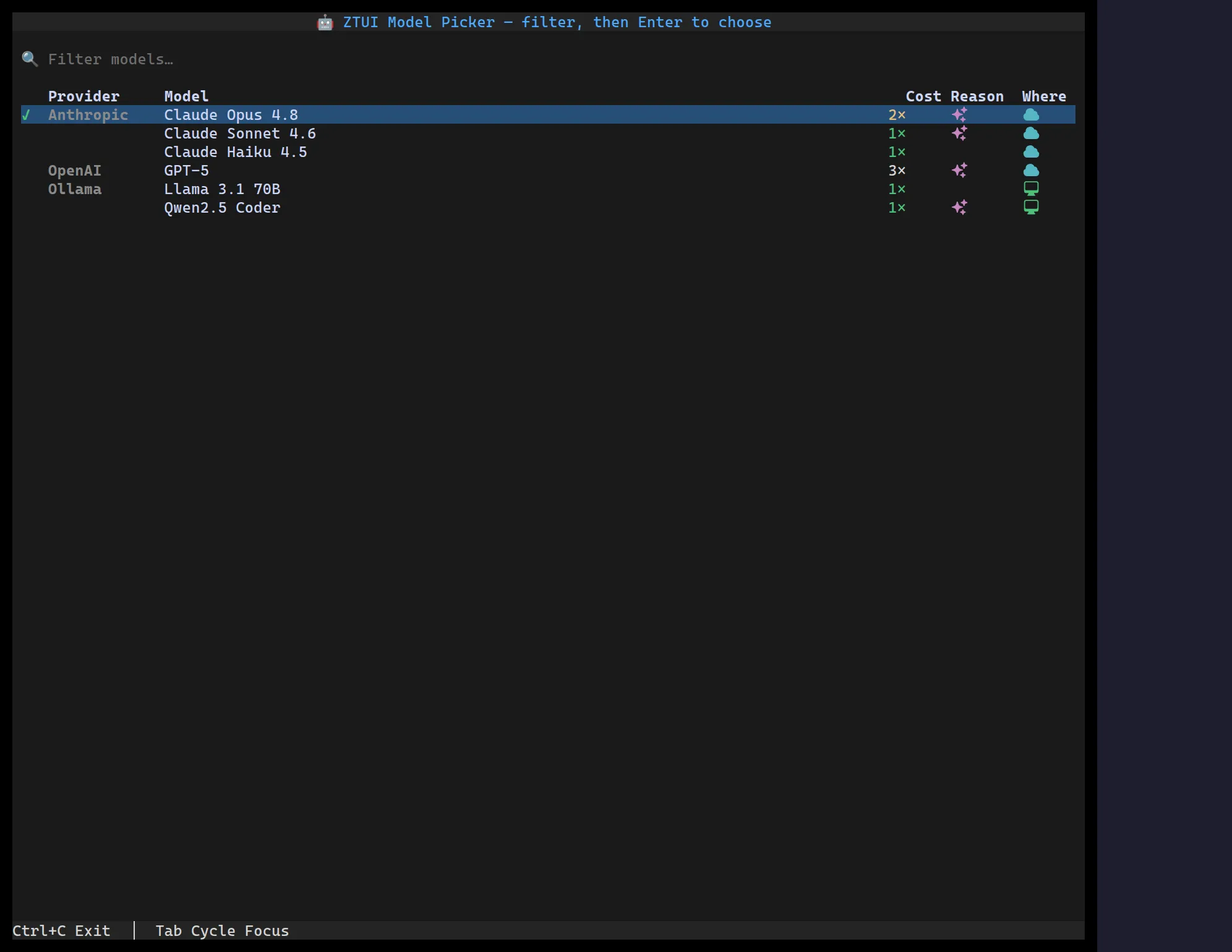 A ztui ModelPicker: a filterable table of models with provider, cost badges, and reasoning / local-remote icons