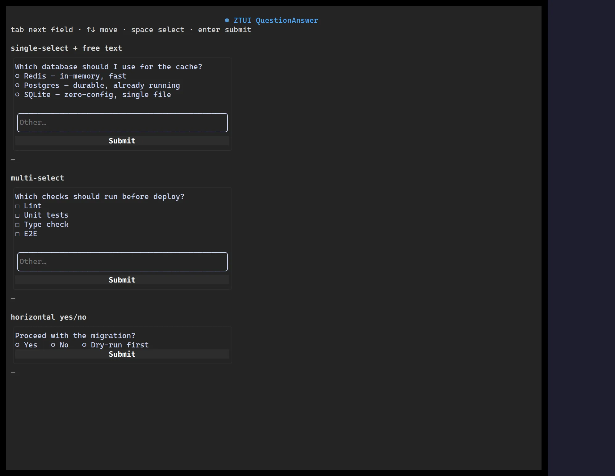 A ztui Question/Answer prompt with selectable options