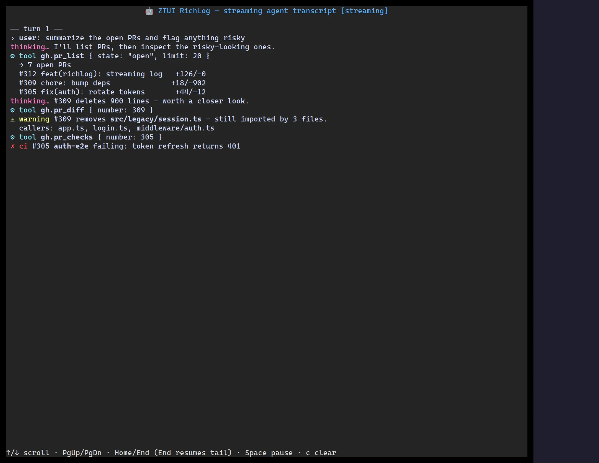 A ztui Rich Log showing styled, timestamped log lines