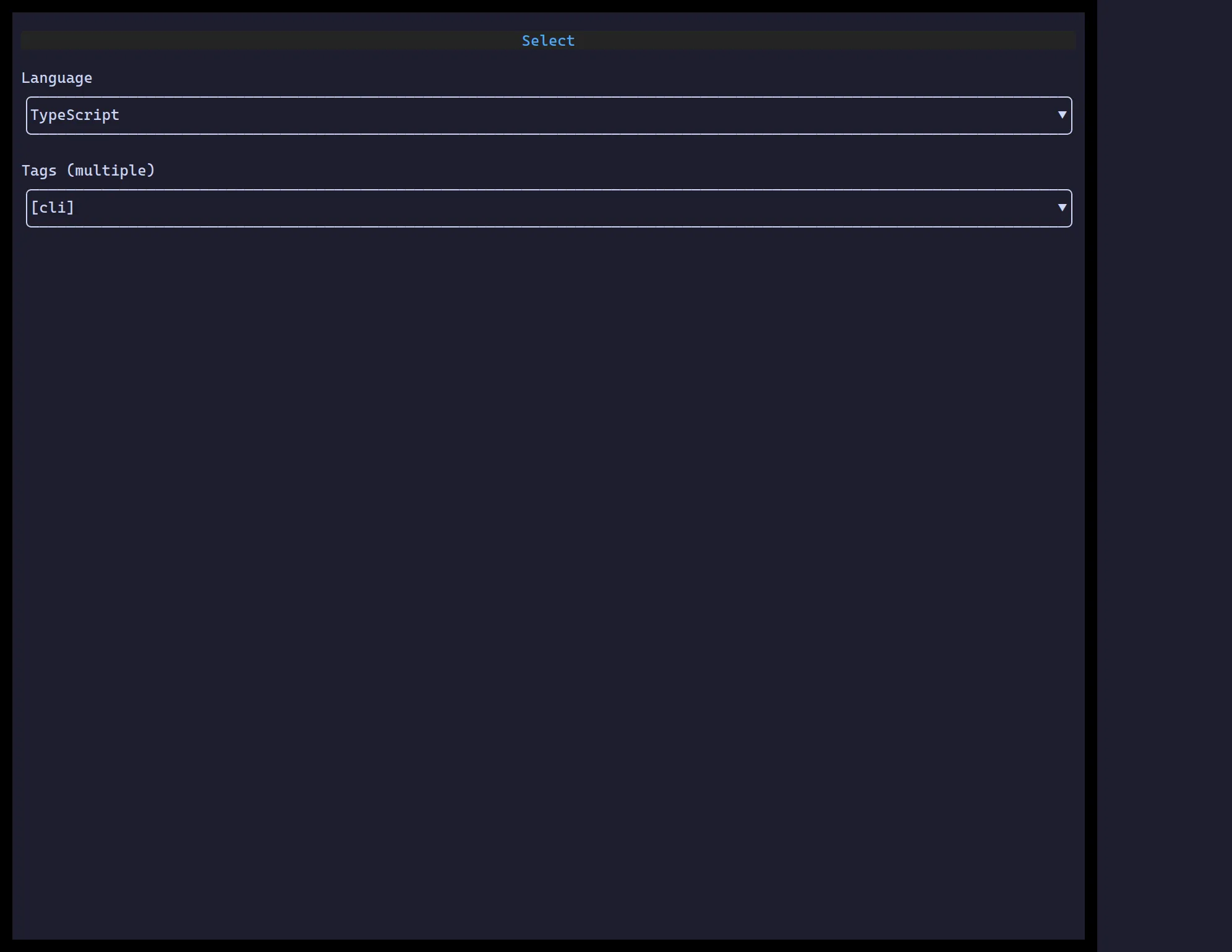 ztui selects: a single-value Language dropdown and a multi-value Tags dropdown
