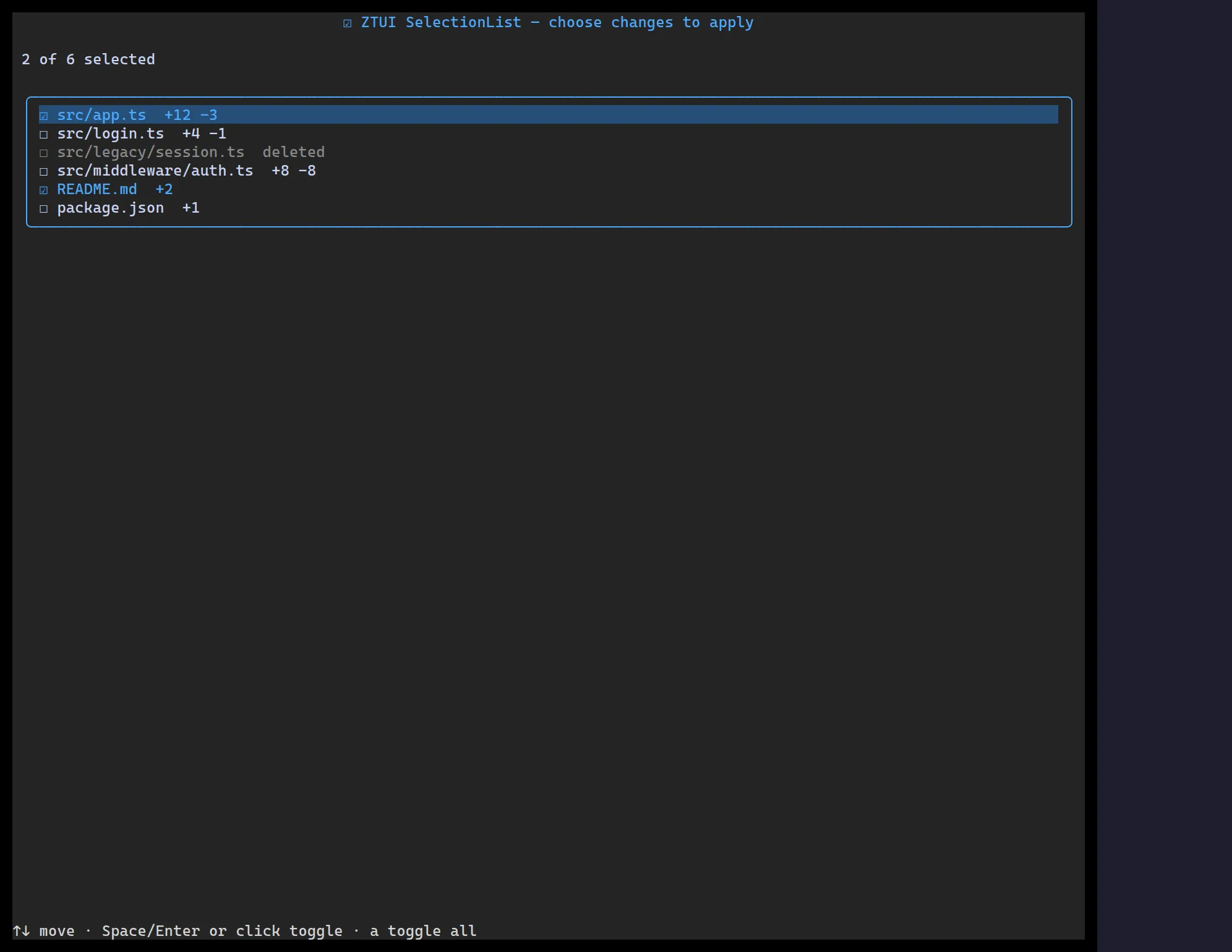 A ztui Selection List with several checked items