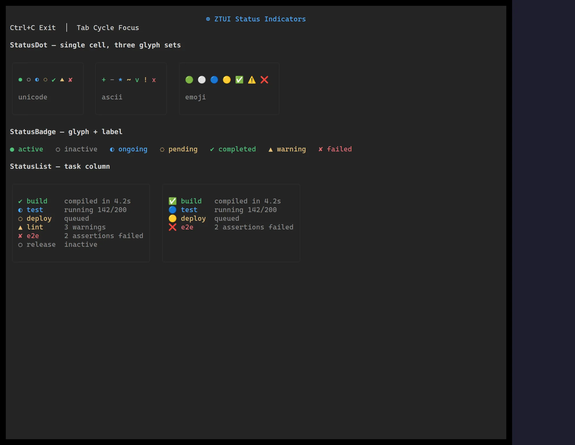 ztui status dots, badges, and a status list in several states
