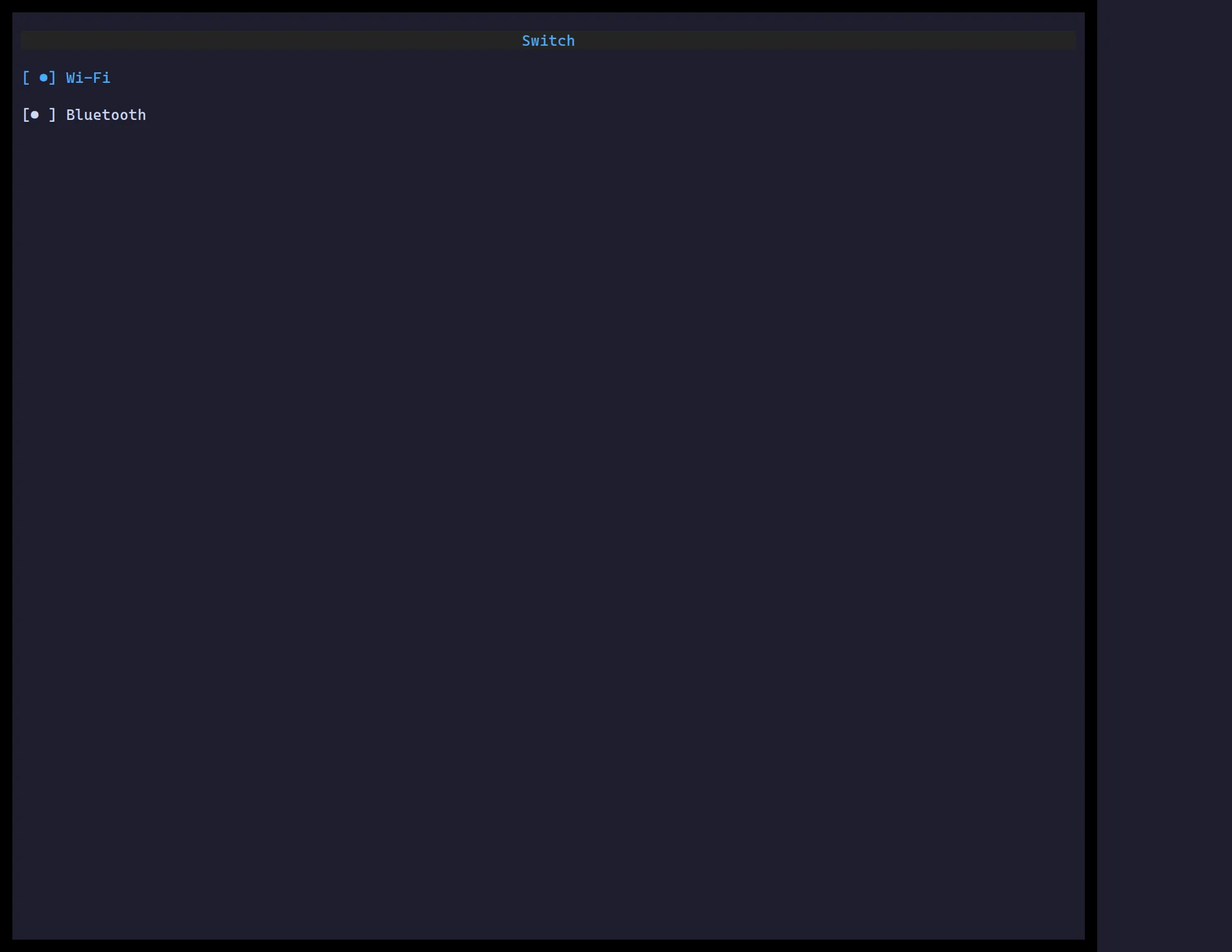ztui switches: Wi-Fi on, Bluetooth off