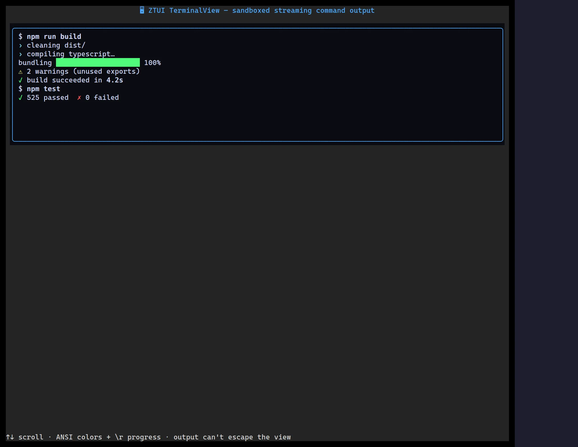 A ztui Terminal View rendering colored ANSI program output
