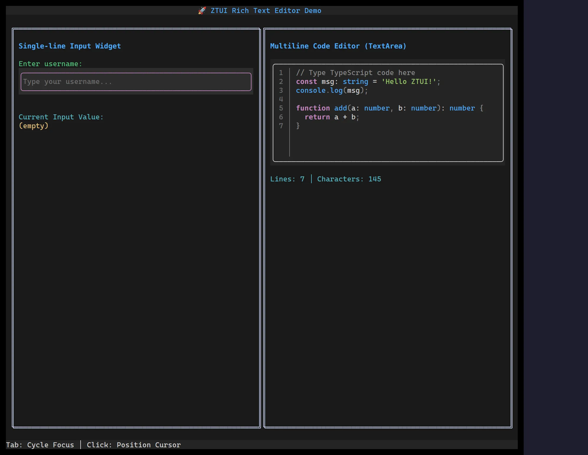 A ztui Text Area with a line-number gutter and multi-line content