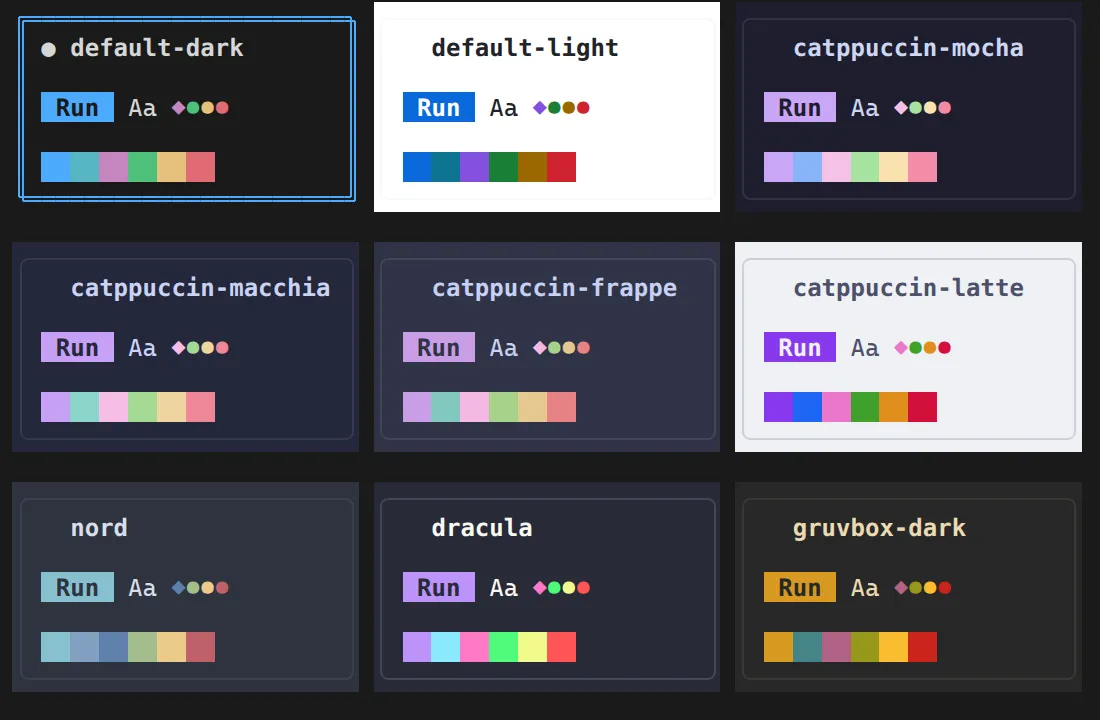 A grid of ztui theme cards, each rendered in its own colors with a palette strip and a sample button