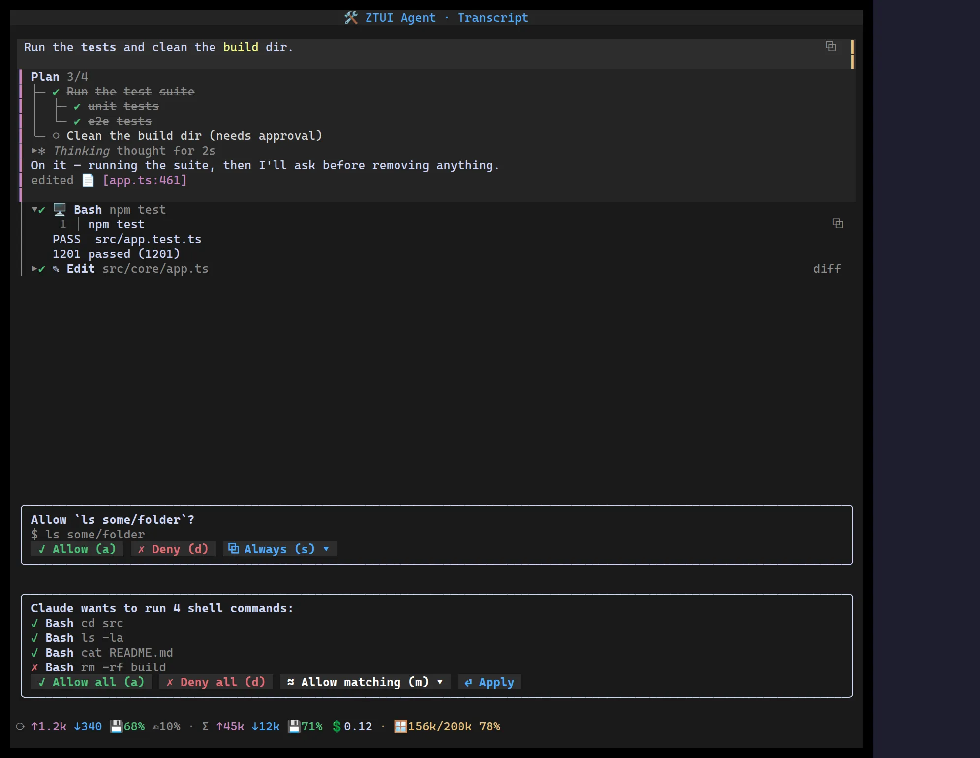 A ztui agent transcript whose plan is a nested task tree with status glyphs and connectors