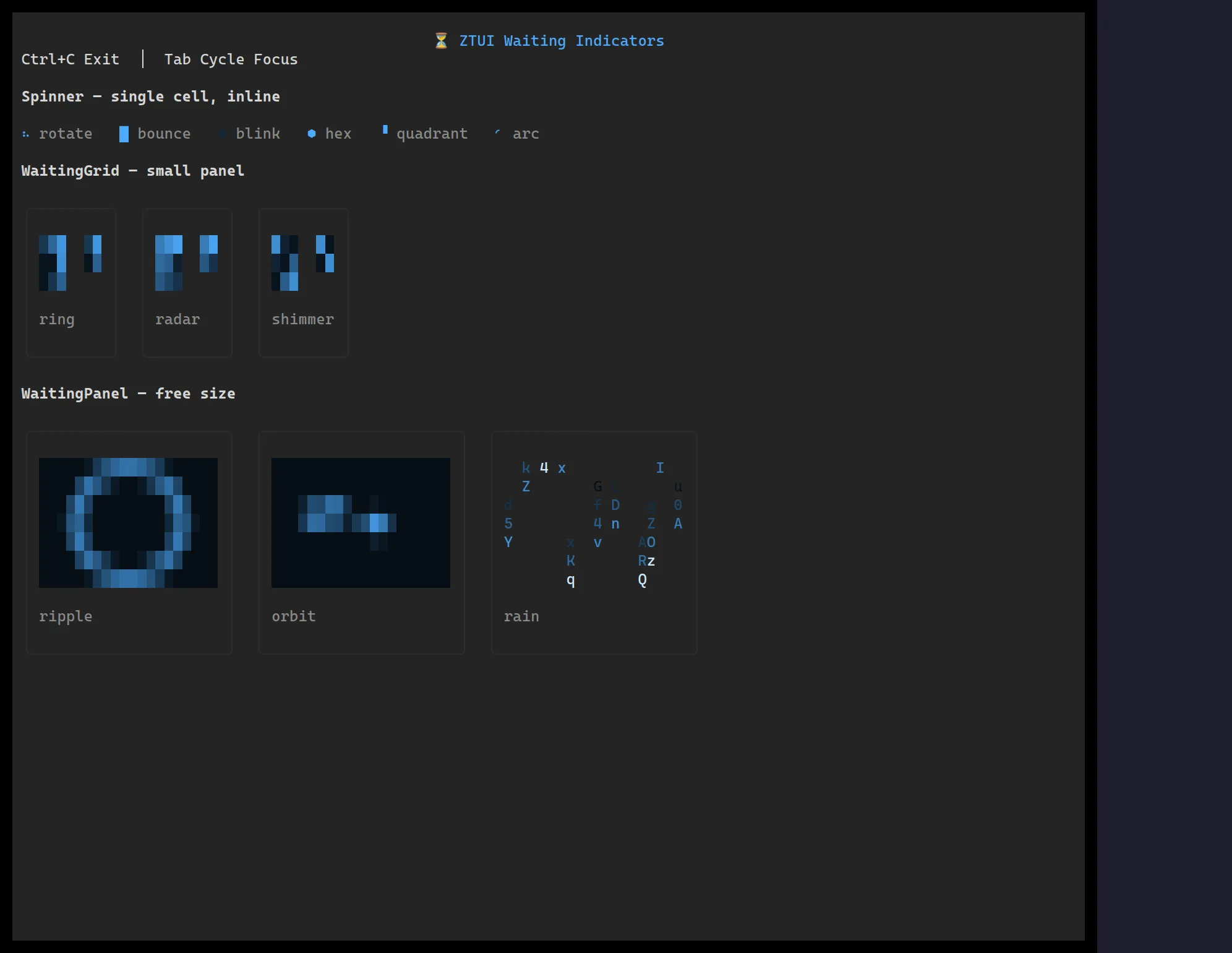 ztui spinners, a progress bar, and a waiting panel