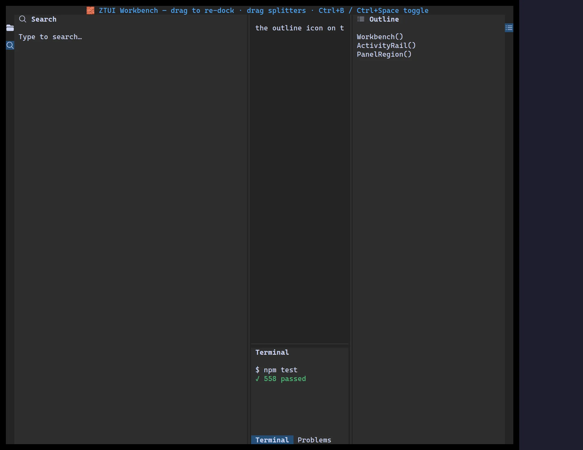A ztui Workbench with Search, Outline, and Terminal panels around a center editor
